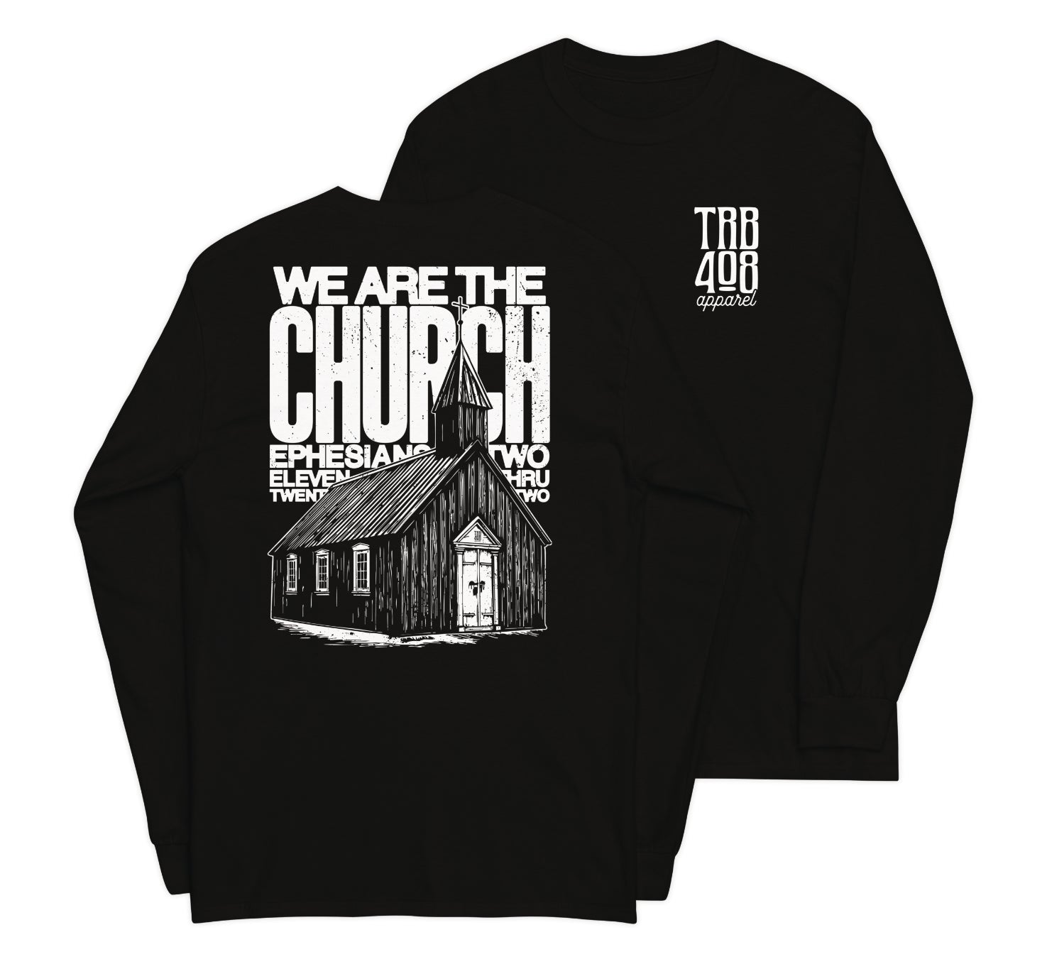 Black long sleeve The Church Tee, Front and Back, Christian Apparel