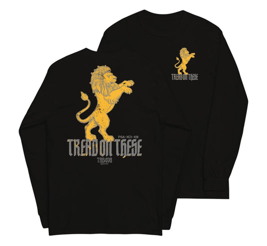 Black long sleeve Tread On These (Lion) Tee, Front and Back, Christian Apparel