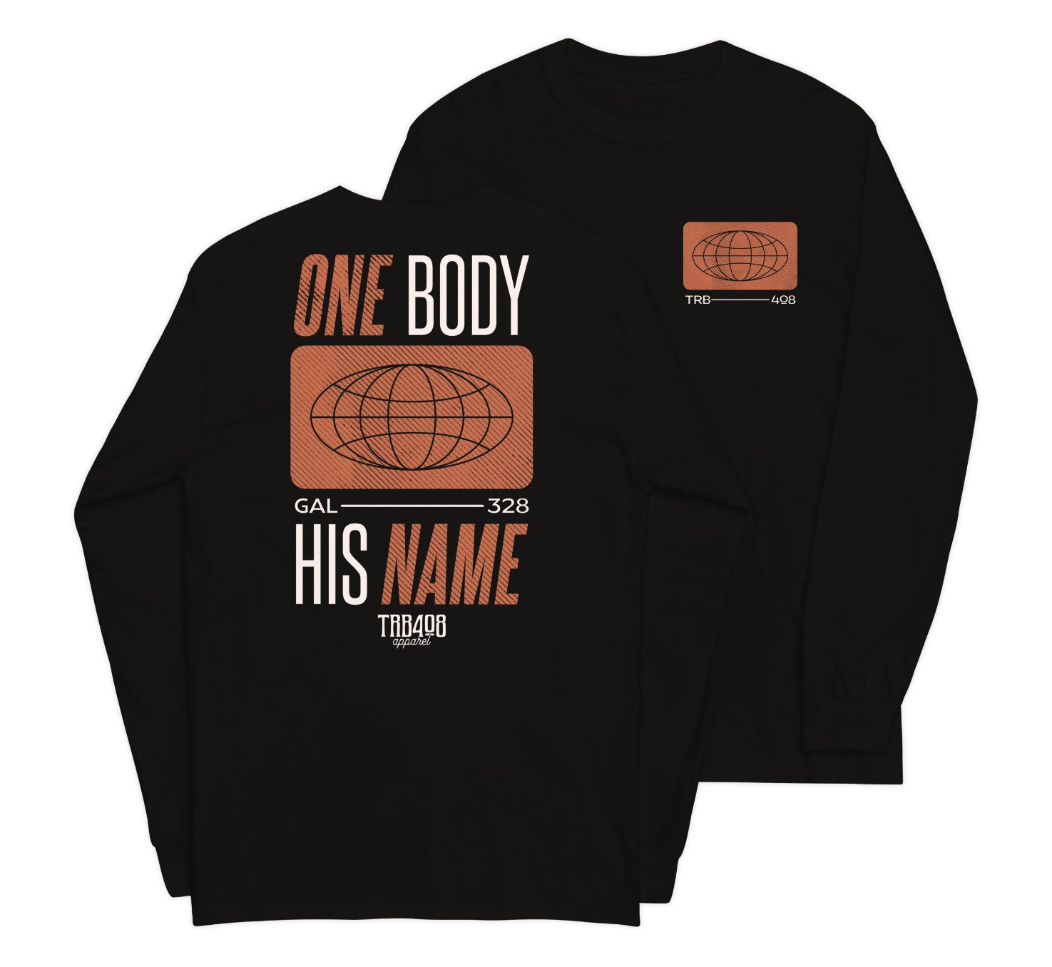 Black long sleeve Tribe Globe Tee, Front and Back, Christian Apparel