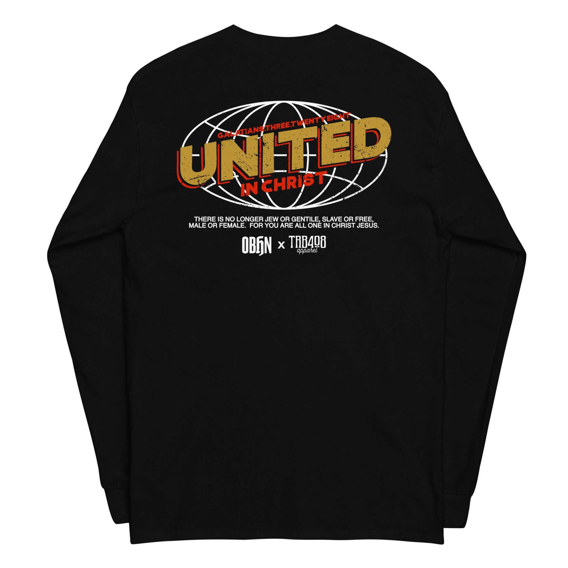 Black long sleeve United Globe Tee, Back, Christian Apparel