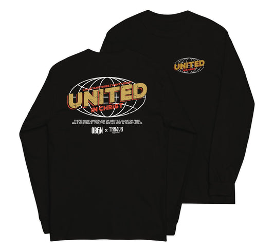 Black long sleeve United Globe Tee, Front and Back, Christian Apparel