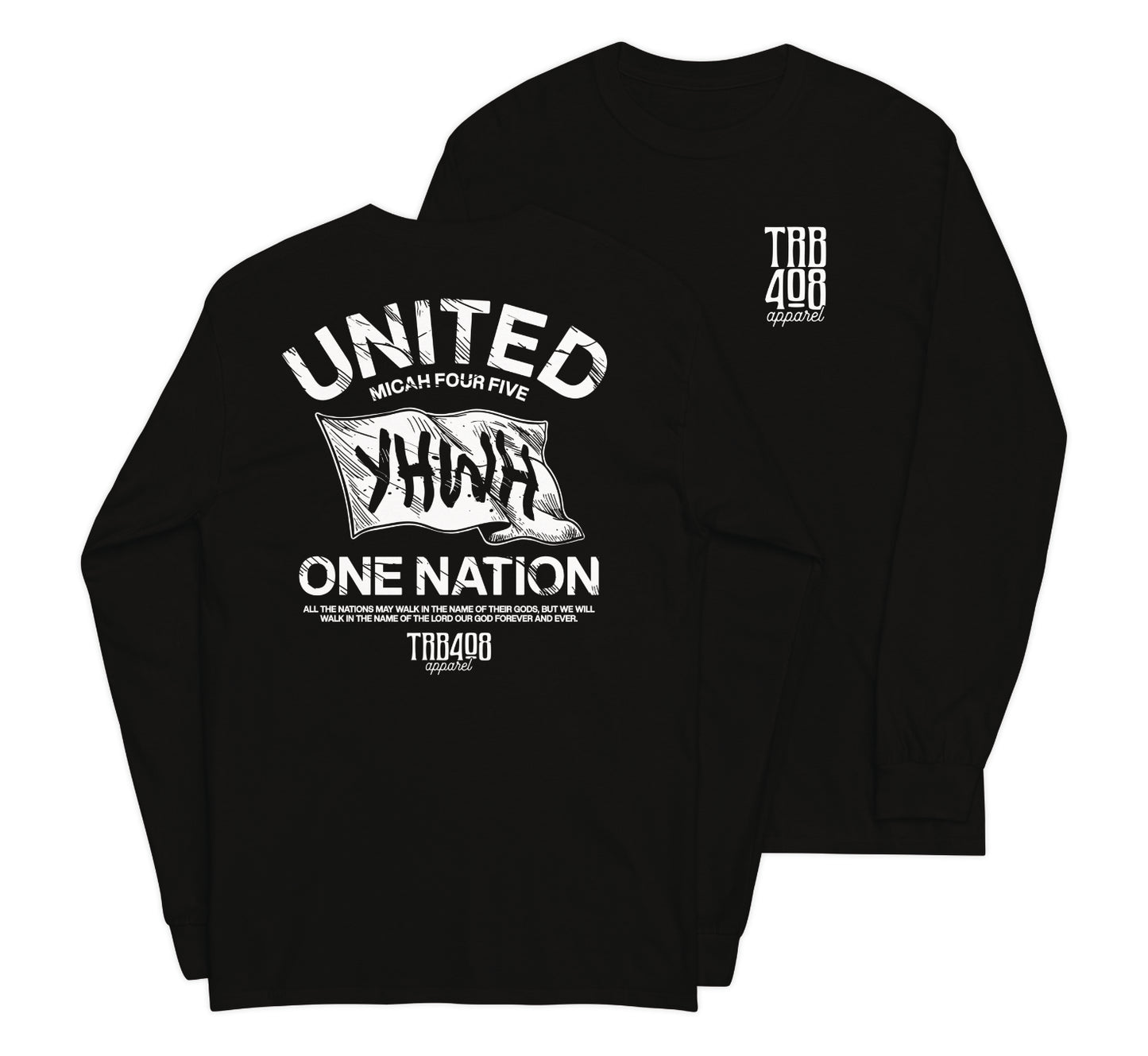 Black long sleeve YHWH Flag Tee, Front and Back, Christian Apparel