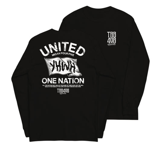 Black long sleeve YHWH Flag Tee, Front and Back, Christian Apparel