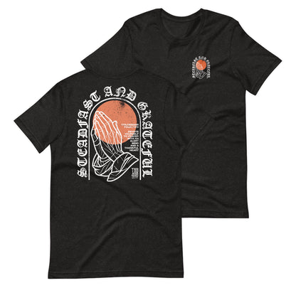 Black short sleeve Steadfast & Grateful Tee, Front and Back, Christian Apparel