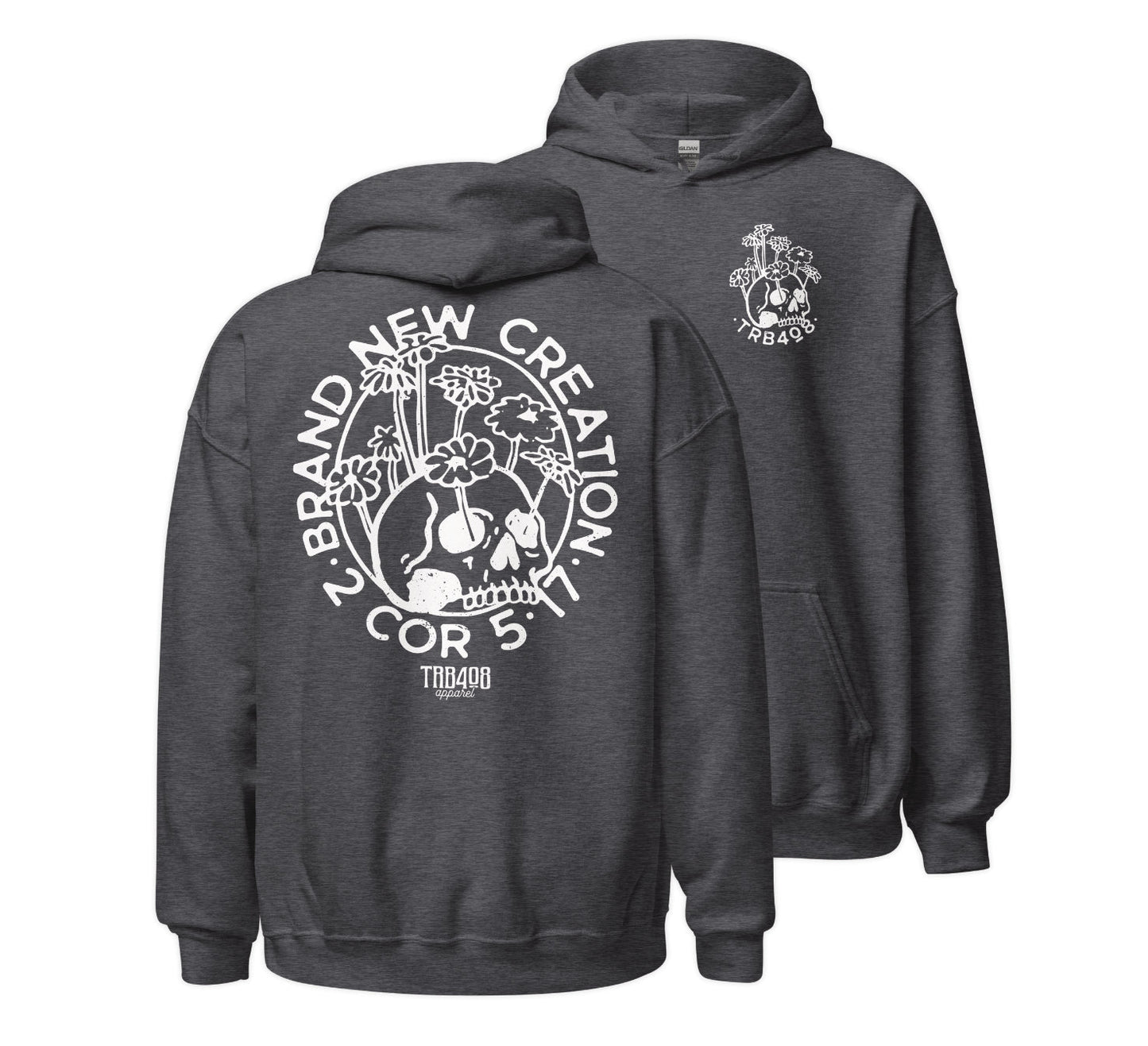 Dark Gray Brand New Creation Hoodie, Front and Back, Christian Apparel