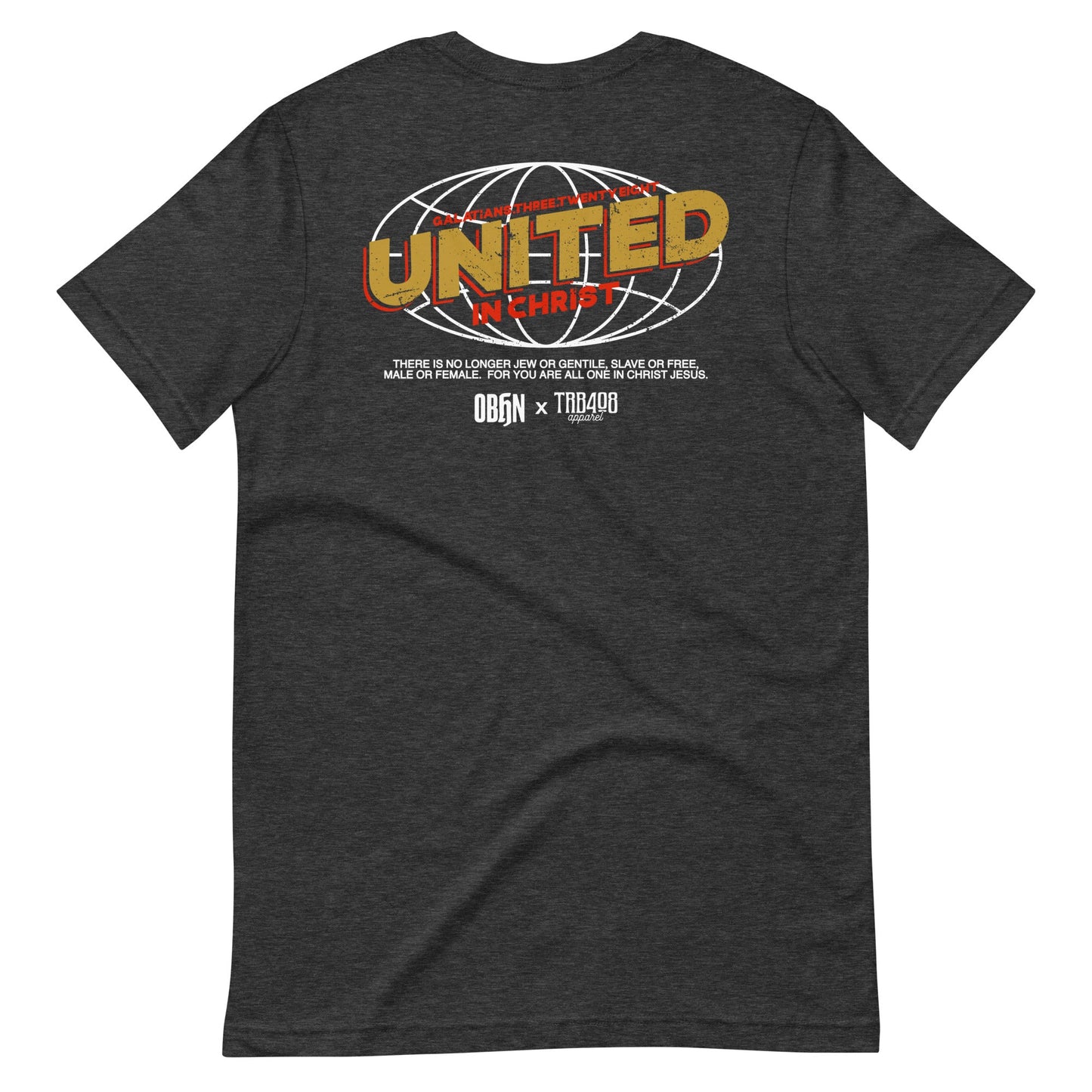 Gray short sleeve United Globe Tee, Back, Christian Apparel