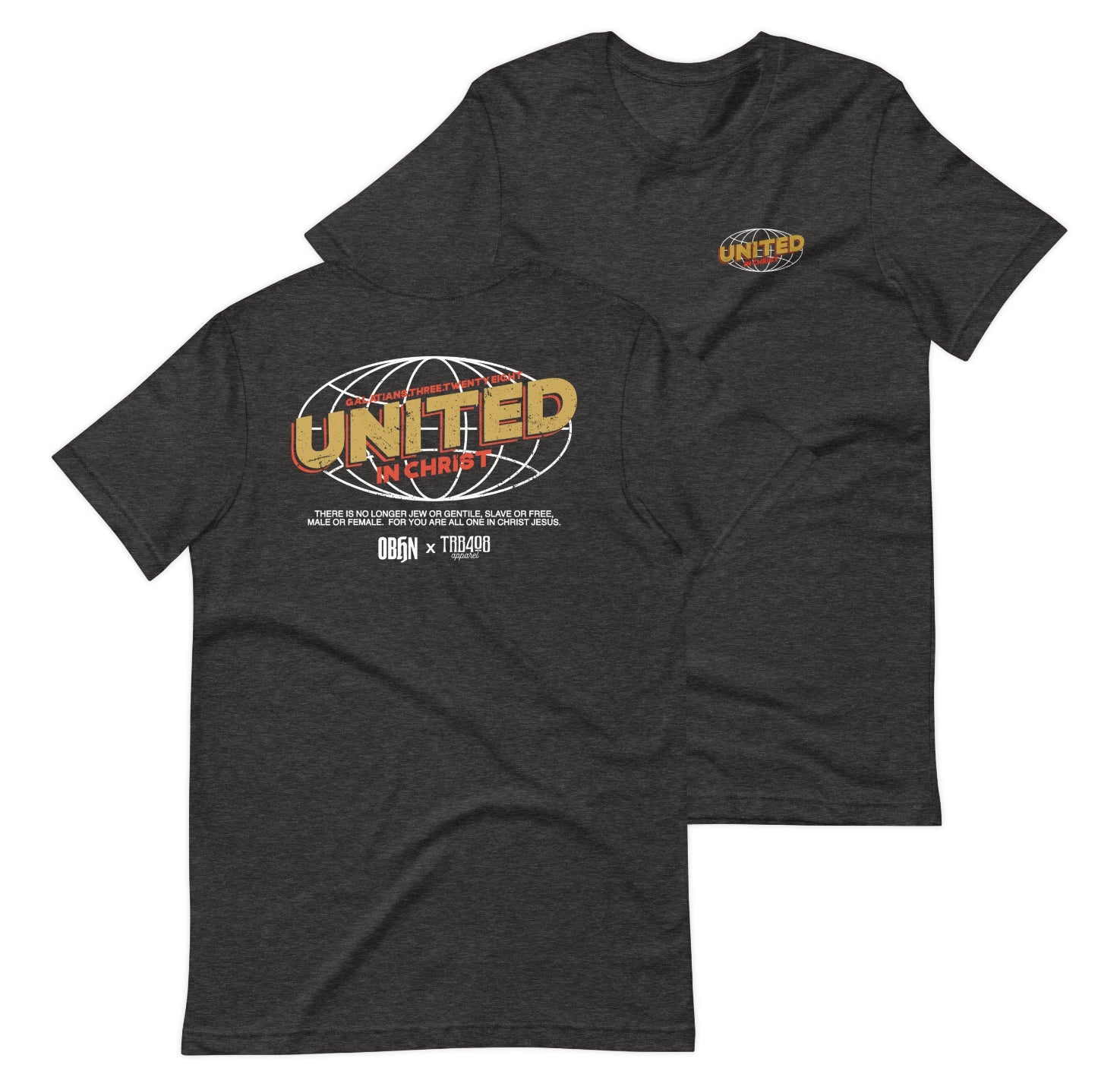 Gray short sleeve United Globe Tee, Front and Back, Christian Apparel