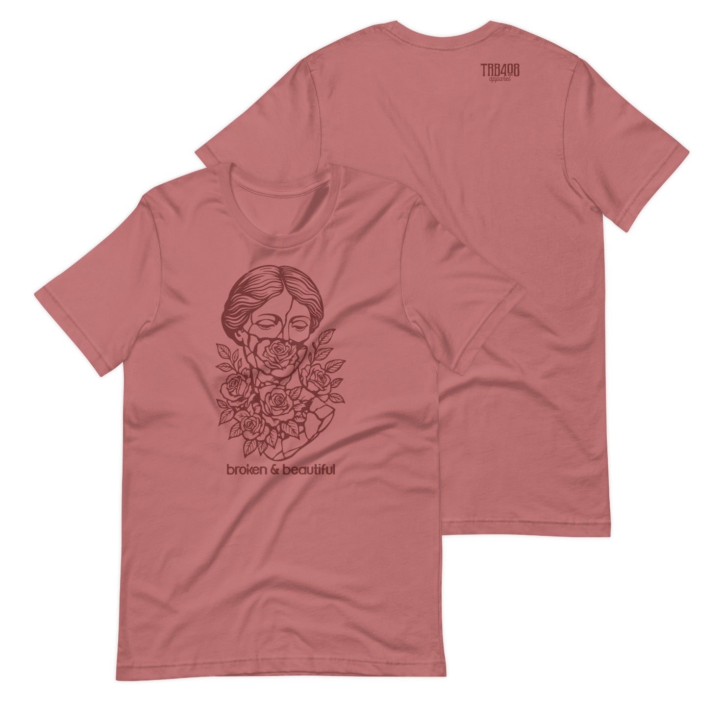 Mauve Dust short sleeve Broken & Beautiful Tee, Front and Back, Christian Apparel