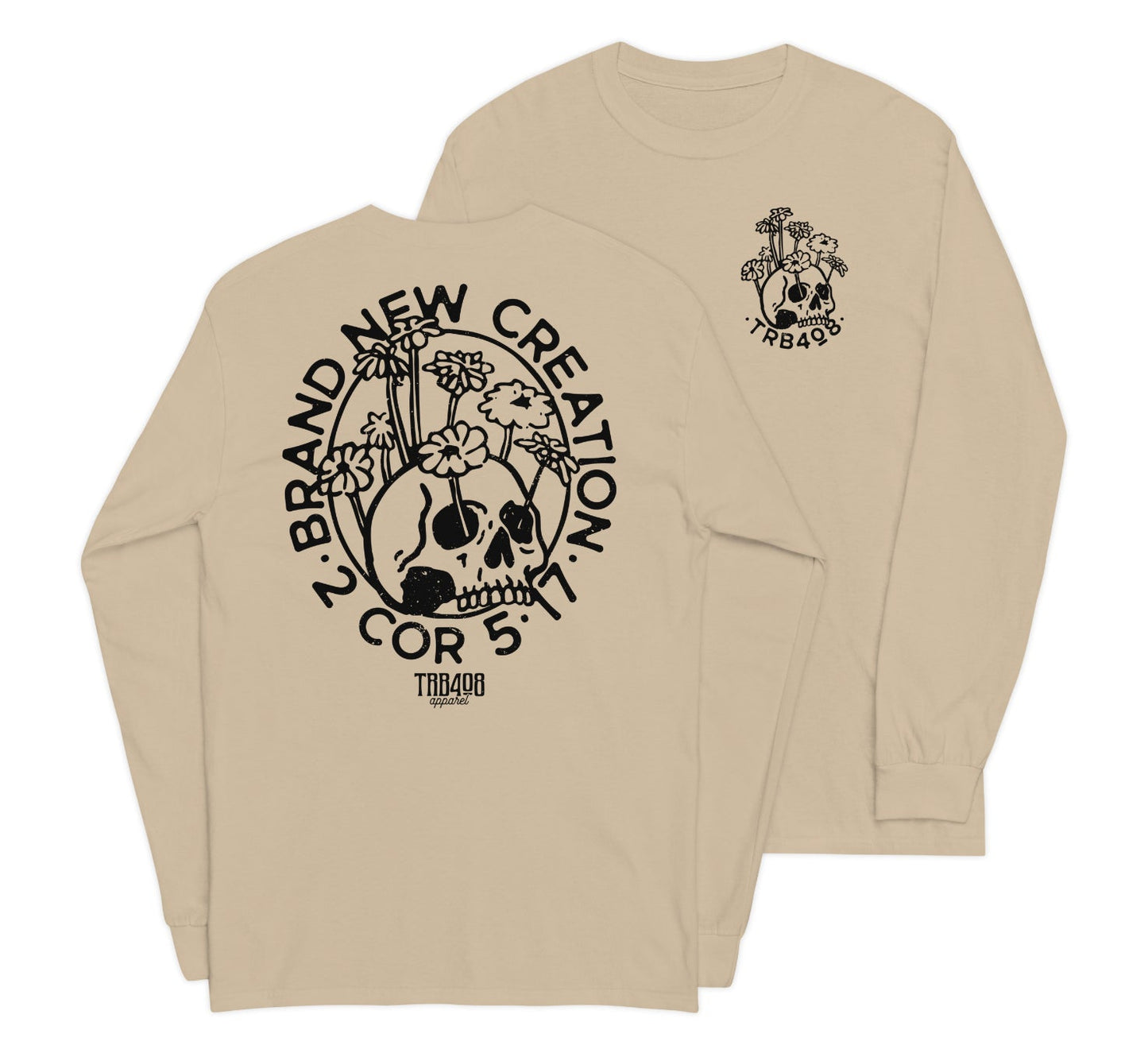 Sand long sleeve Brand New Creation Tee, Front and Back, Christian Apparel