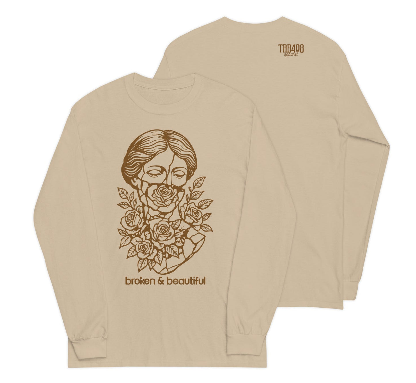 Sand long sleeve Broken & Beautiful Tee, Front and Back, Christian Apparel