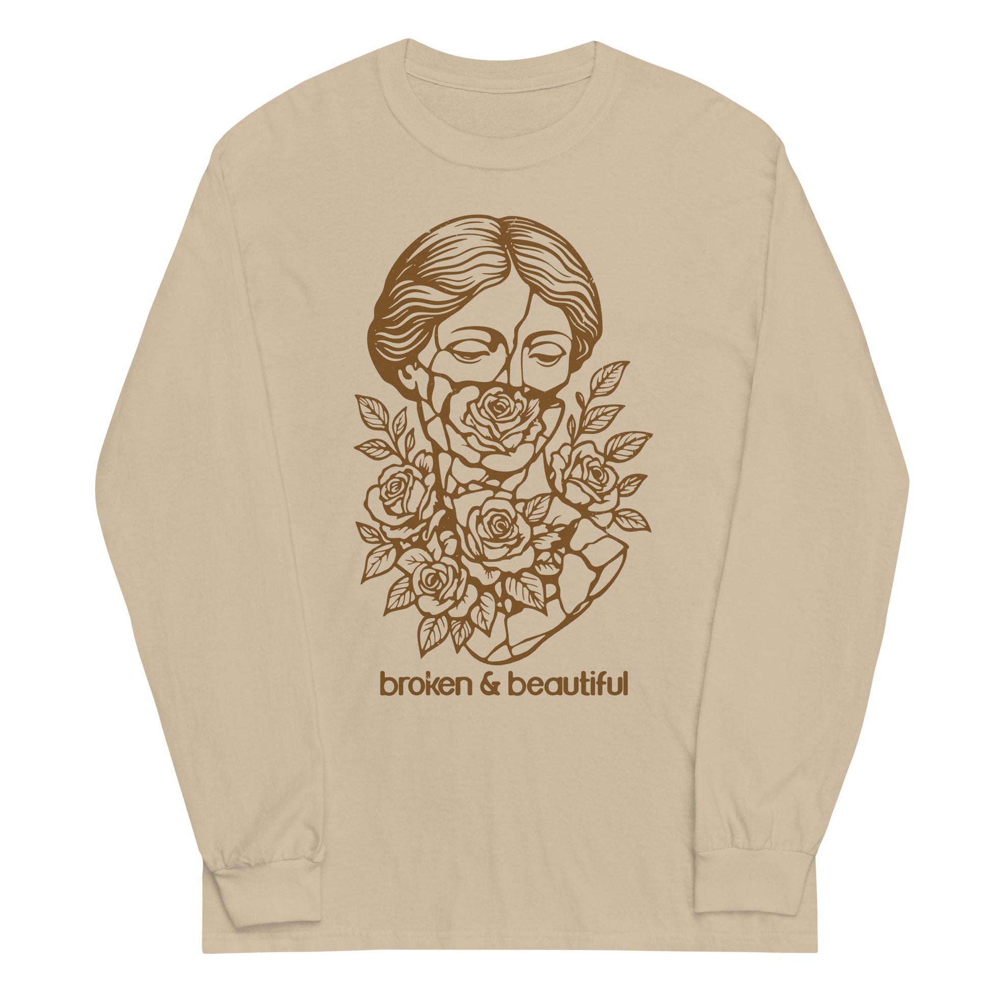 Sand long sleeve Broken & Beautiful Tee, Front, Christian Apparel