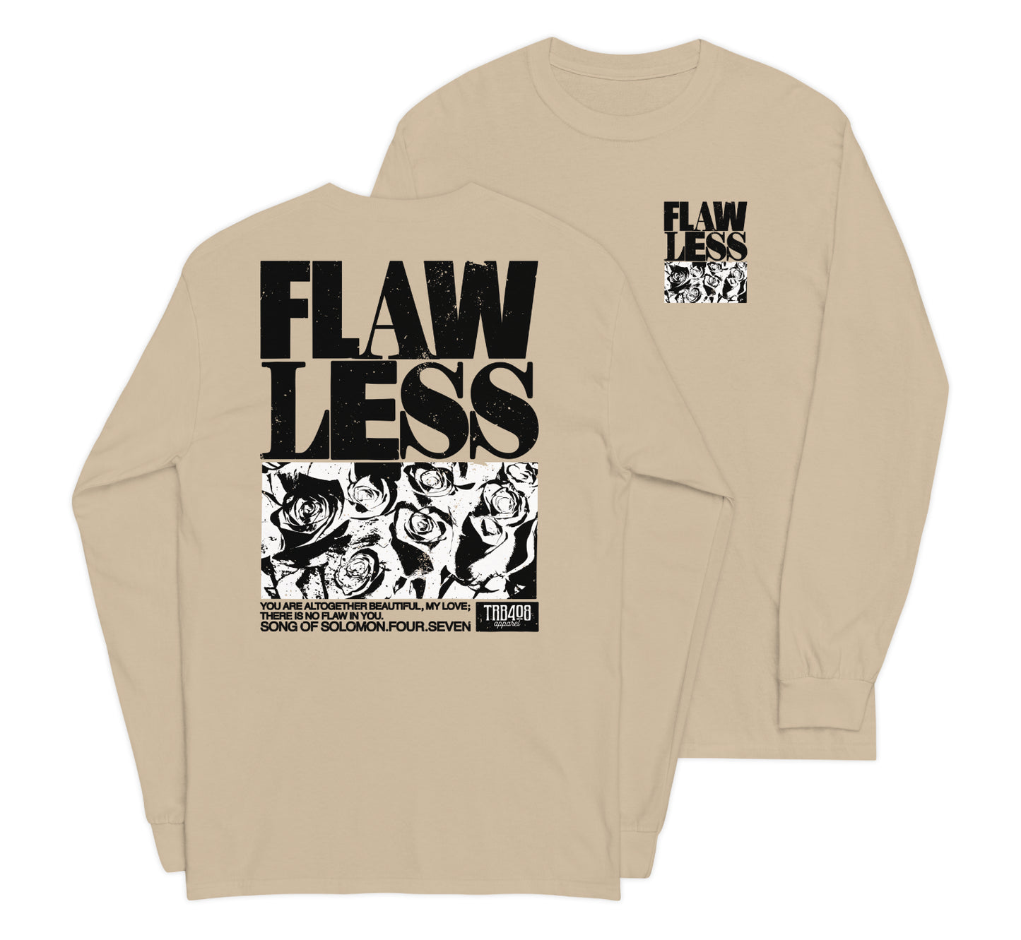 Sand long sleeve Flawless Rose 2.0 Tee, Front and Back, Christian Apparel