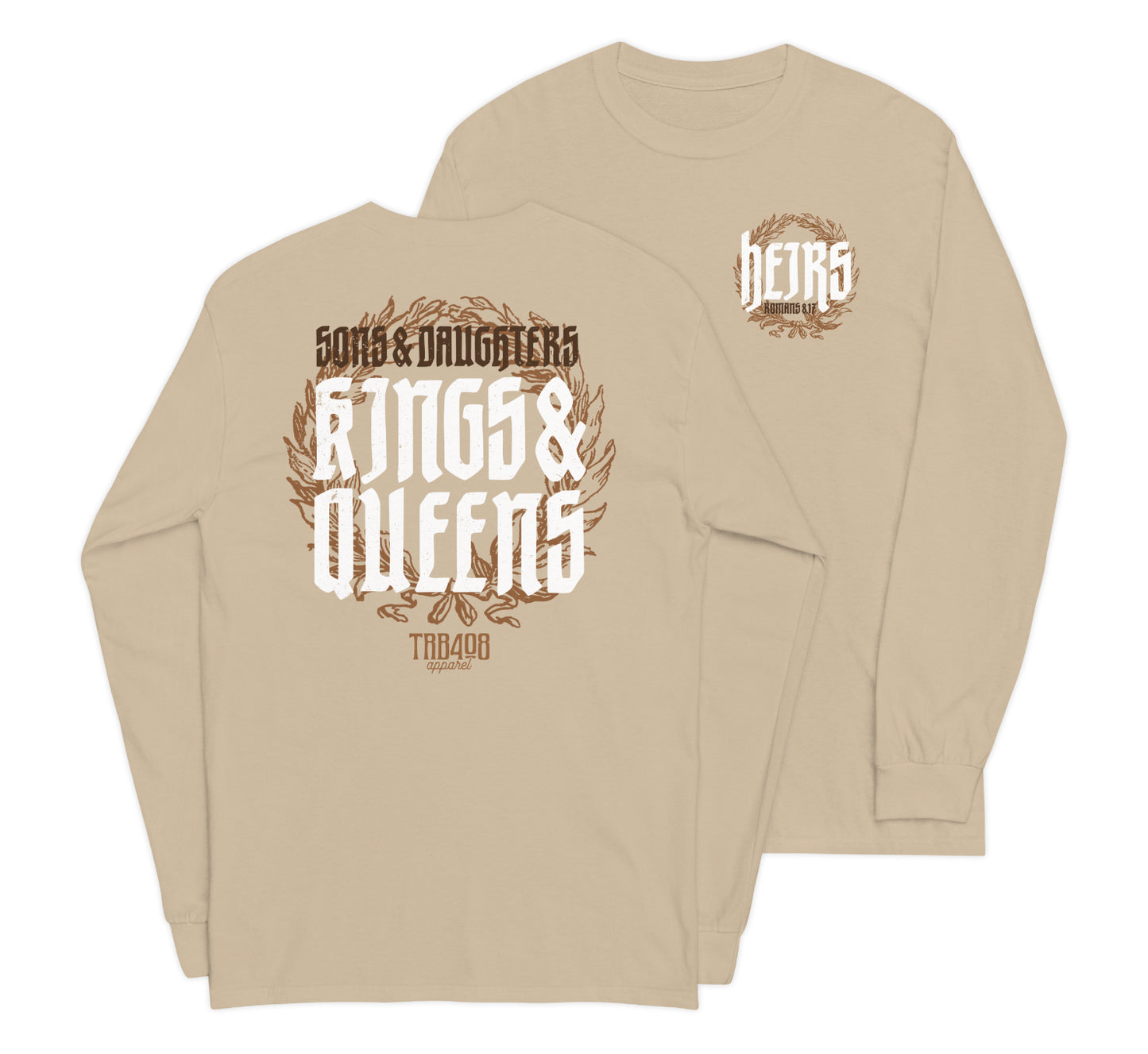 Sand long sleeve Heirs Tee, Front and Back, Christian Apparel