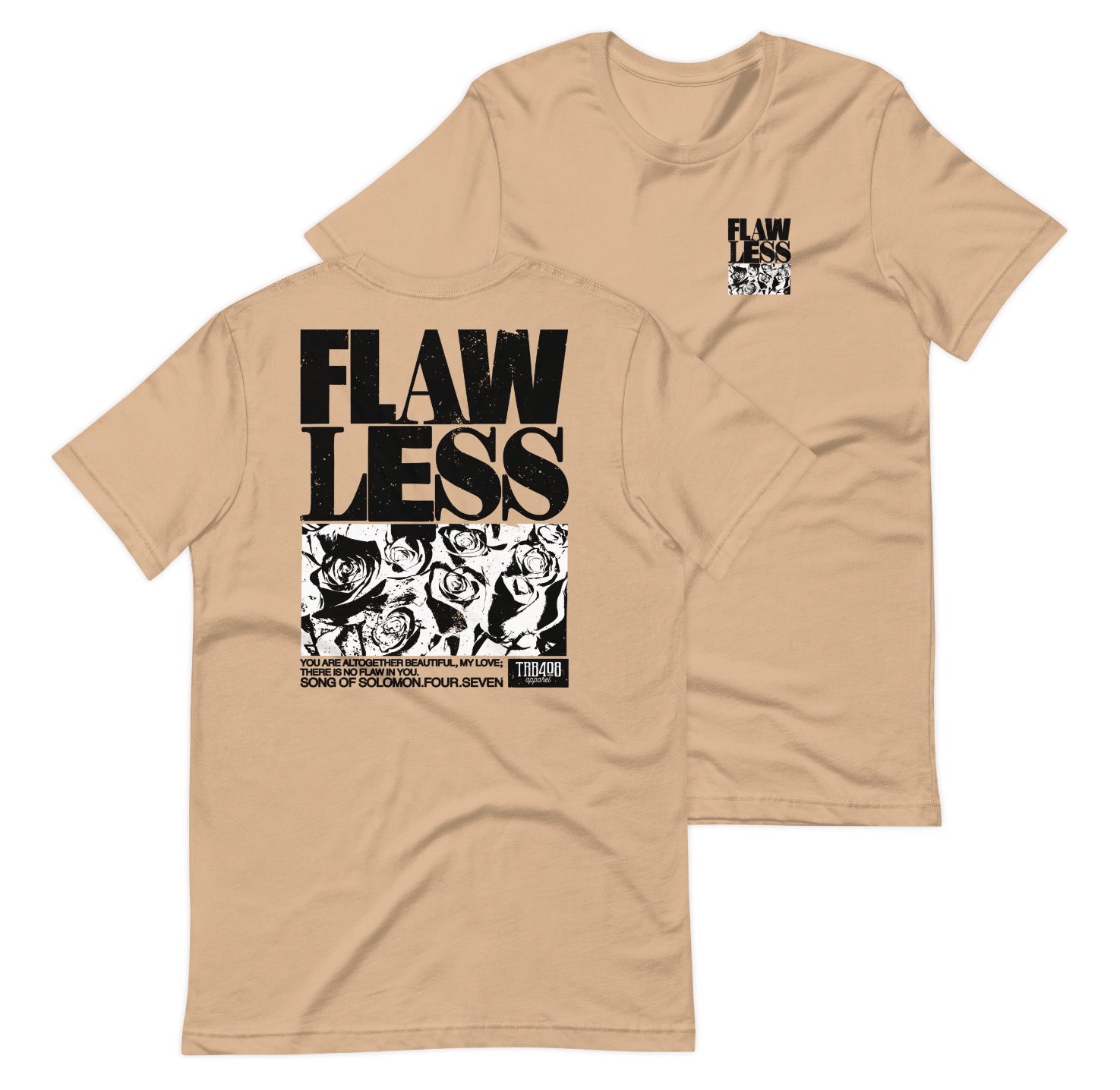 Tan short sleeve Flawless Rose 2.0 Tee, Front and Back, Christian Apparel