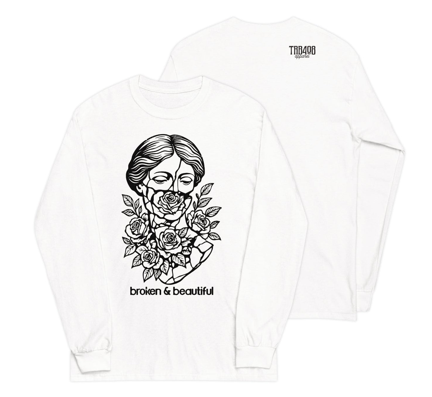 White long sleeve Broken & Beautiful Tee, Front and Back, Christian Apparel