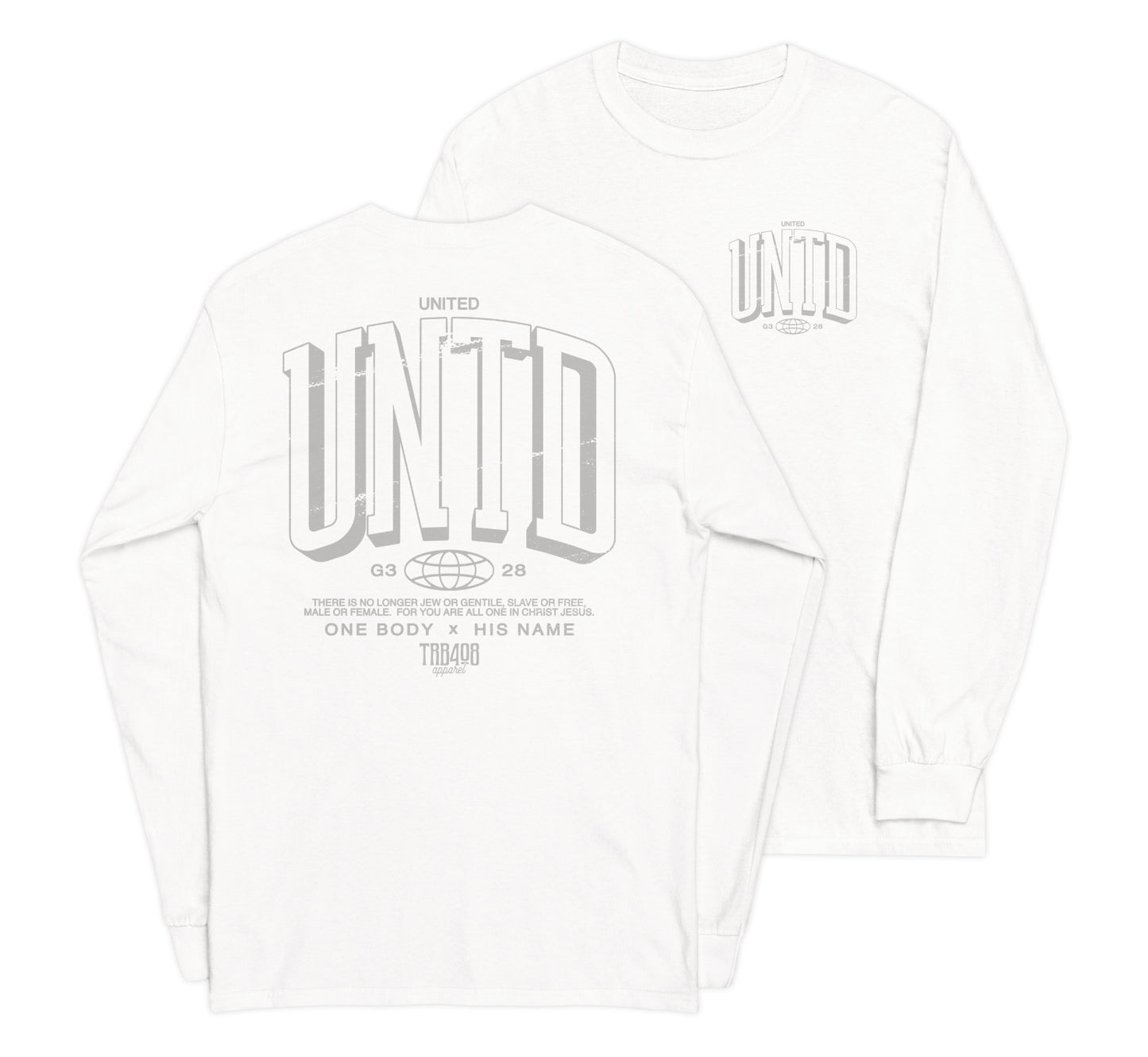 White long sleeve Tall UNTD Tee, Front and Back, Christian Apparel