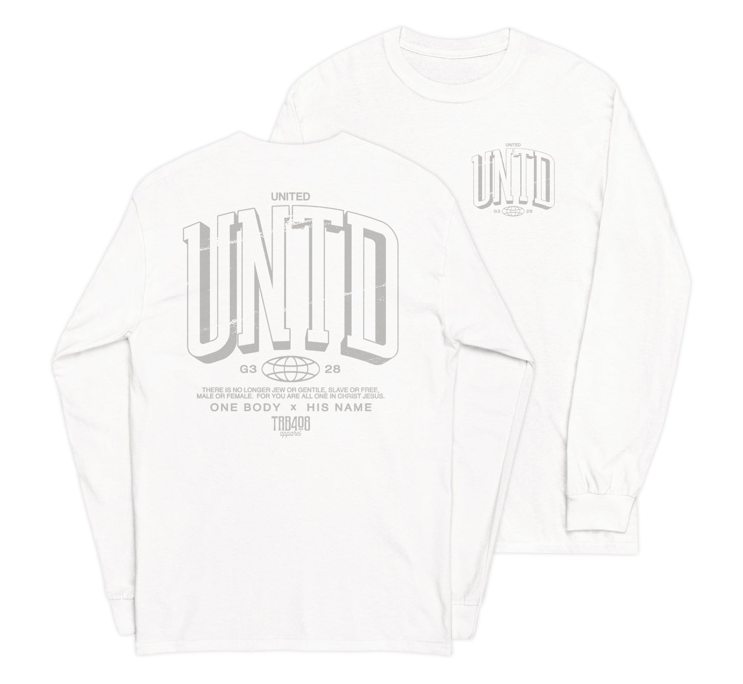 White long sleeve Tall UNTD Tee, Front and Back, Christian Apparel