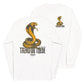 White long sleeve Tread On These (Cobra) Tee, Front and Back, Christian Apparel
