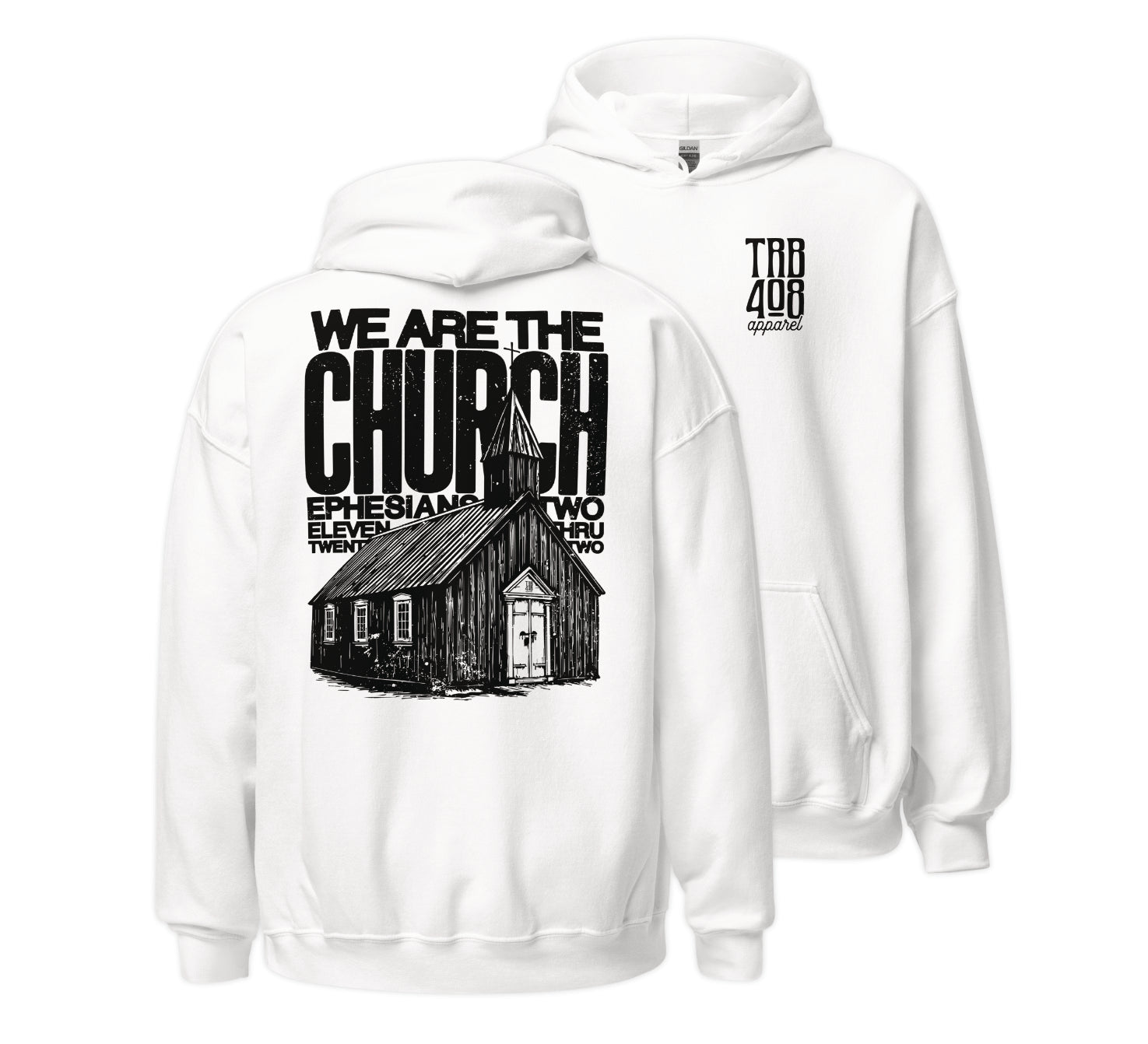 White The Church Hoodie, Front and Back, Christian Apparel